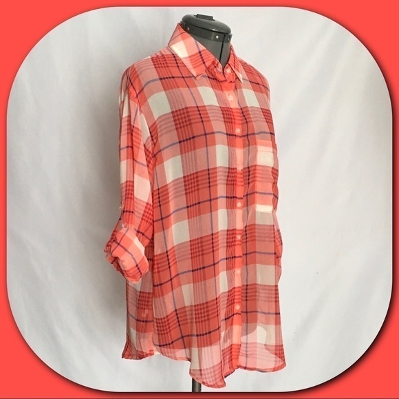 𝅺Garage 💕Red Plaid Chiffon Button Down Shirt💕 - Picture 3 of 4